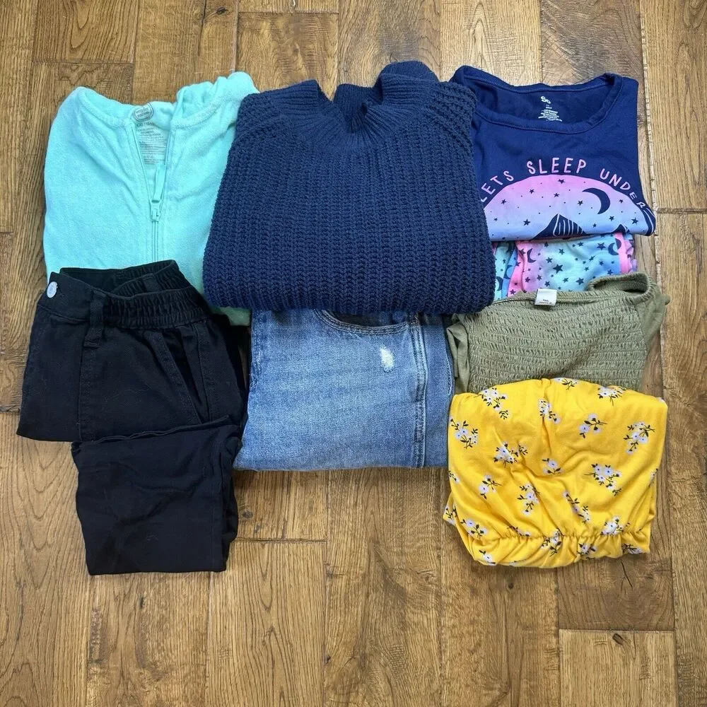 Lot of 9 Girls Size Large 10/12 Clothing Tops, Overalls, Sweater, Pajamas, Swim
